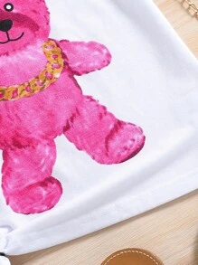SHEIN Áo thun ngắn tay in hình chú gấu dễ thương cho bé gái tập đi với trang trí dây chuyền lớn cho mùa hè - trắng - Xem 5