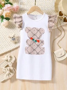 小女童小熊印花荷葉邊連衣裙 - 白色 - 查看 1