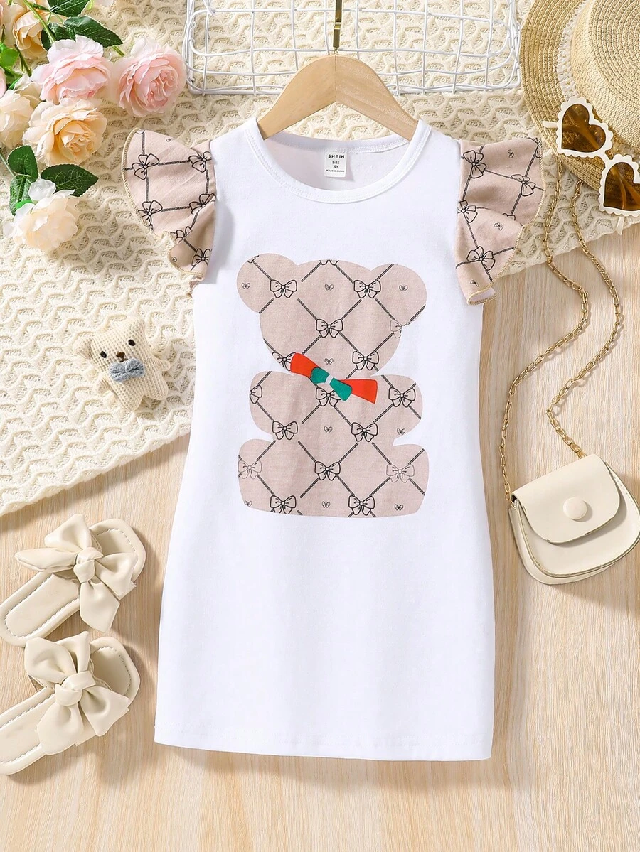 小女童小熊印花荷葉邊連衣裙 - 白色 - 查看 1