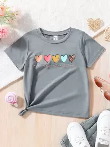 SHEIN Young Girl Heart & Slogan Graphic Tee - Grey - View 1