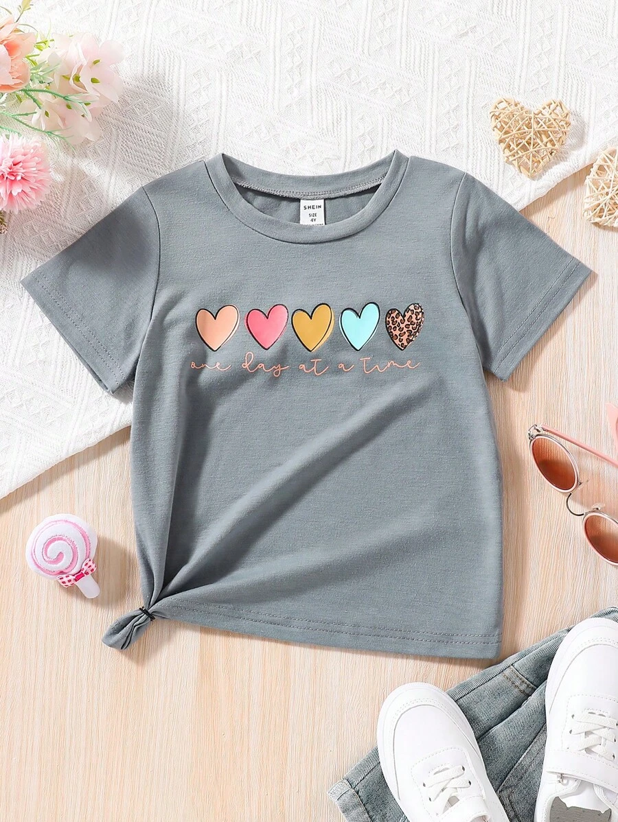SHEIN Young Girl Heart & Slogan Graphic Tee - Grey - View 1