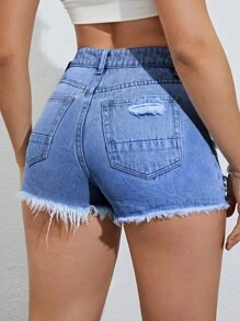 破洞毛邊牛仔短褲 - 中等水洗藍 - 查看 2