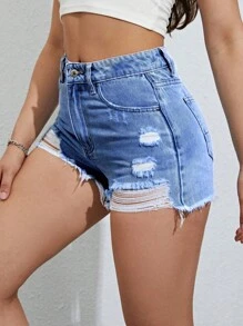 破洞毛邊牛仔短褲 - 中等水洗藍 - 查看 4