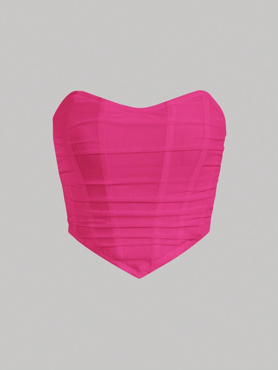 SHEIN MOD 褶皺團巾蕾絲短衫,粉色束腰筒形上衣 - 玫紅色 - 查看 1