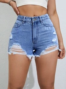 破洞毛邊牛仔短褲 - 中等水洗藍 - 查看 5