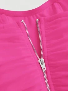 SHEIN MOD 褶皺團巾蕾絲短衫,粉色束腰筒形上衣 - 玫紅色 - 查看 4