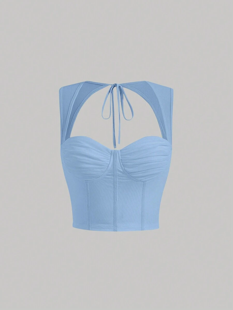 SHEIN MOD Tie Back Ruched Bustier Crop Tank Top - Baby Blue - View 1
