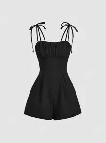 SHEIN MOD 素色胸部褶皺肩上打結吊帶連體短褲 - 黑色 - 查看 1