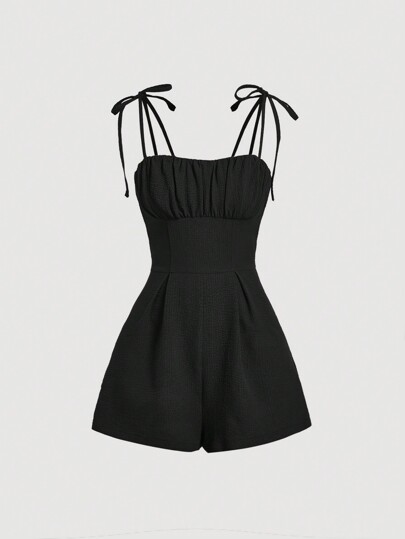SHEIN MOD Solid Ruched Bust Tie Shoulder Cami Romper