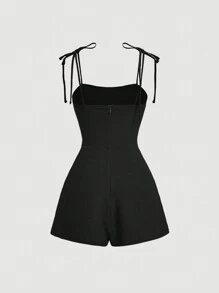 SHEIN MOD 素色胸部褶皺肩上打結吊帶連體短褲 - 黑色 - 查看 2