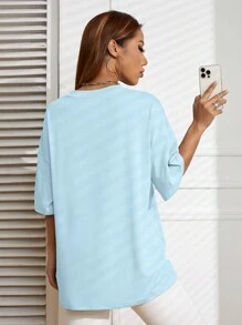 SHEIN EZwear 素色落肩T恤 - 淺藍色 - 查看 3