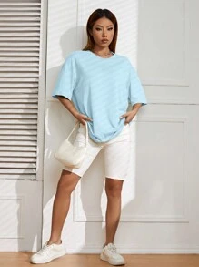 SHEIN EZwear 素色落肩T恤 - 淺藍色 - 查看 4