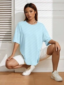 SHEIN EZwear 素色落肩T恤 - 淺藍色 - 查看 5