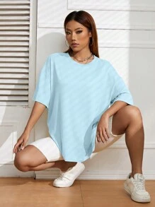 SHEIN EZwear 素色落肩T恤 - 淺藍色 - 查看 6