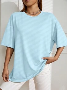 SHEIN EZwear 素色落肩T恤 - 淺藍色 - 查看 7