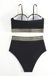 SHEIN Swim 錬條圖案網紗拼接比基尼泳裝 - 黑色 - 查看 6