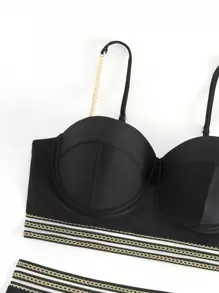 SHEIN Swim 錬條圖案網紗拼接比基尼泳裝 - 黑色 - 查看 7