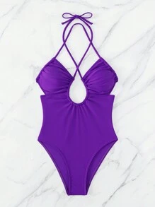Traje de baño de una pieza tipo halter con recortes para el verano - Morado - Ver 3