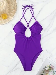 Traje de baño de una pieza tipo halter con recortes para el verano - Morado - Ver 5