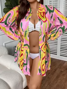 Talla grande Kimono con estampado con parte delantera abierta - Rosa - Ver 1