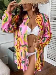 Talla grande Kimono con estampado con parte delantera abierta - Rosa - Ver 3