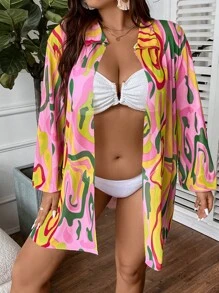 Talla grande Kimono con estampado con parte delantera abierta - Rosa - Ver 4