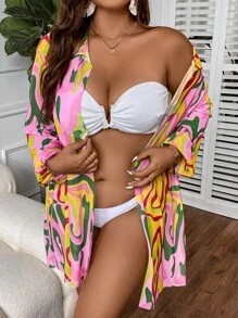 Talla grande Kimono con estampado con parte delantera abierta - Rosa - Ver 5