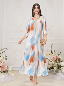 Seusyu Brush Print V Neck Dress - Multicolor - View 2