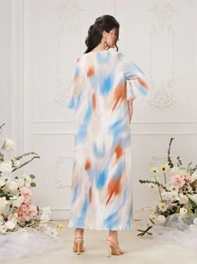 Seusyu Brush Print V Neck Dress - Multicolor - View 3