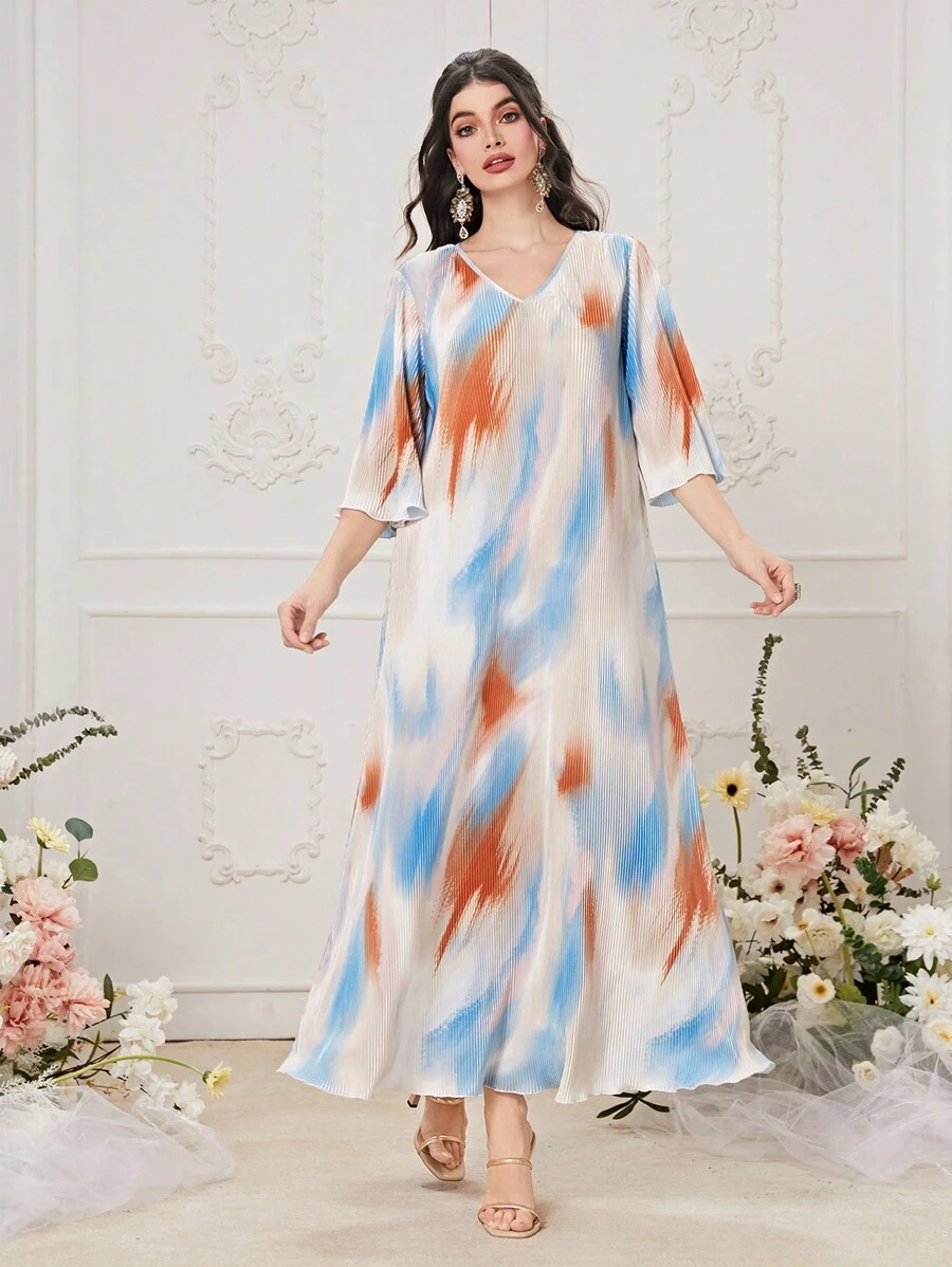 Seusyu Brush Print V Neck Dress - Multicolor - View 1