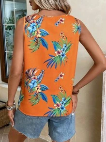 EMERY ROSE 熱帶圖案鎖眼領無袖襯衫 - 橘色 - 查看 3