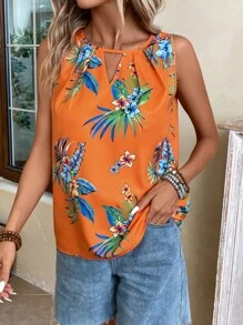 EMERY ROSE 熱帶圖案鎖眼領無袖襯衫 - 橘色 - 查看 4
