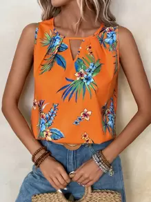 EMERY ROSE 熱帶圖案鎖眼領無袖襯衫 - 橘色 - 查看 1