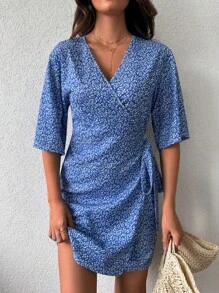 EURMUSE In hoa Ditsy Nút ven Váy quấn - Màu xanh lam - Xem 1