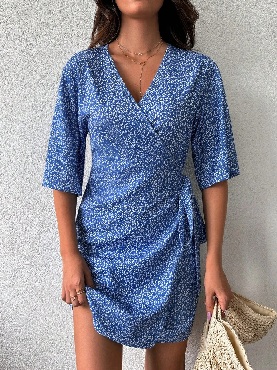 EURMUSE In hoa Ditsy Nút ven Váy quấn - Màu xanh lam - Xem 1