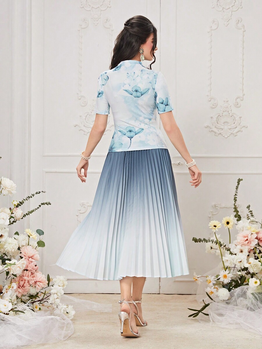 SHEIN Mulvari Floral Print Mock Neck Tee & Pleated Skirt for Sale