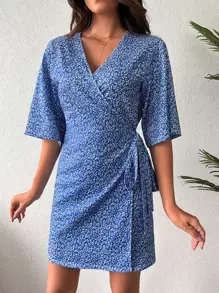 EURMUSE In hoa Ditsy Nút ven Váy quấn - Màu xanh lam - Xem 4