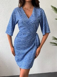 EURMUSE In hoa Ditsy Nút ven Váy quấn - Màu xanh lam - Xem 5