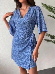 EURMUSE In hoa Ditsy Nút ven Váy quấn - Màu xanh lam - Xem 6