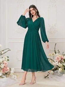 Modelyn Surplice Neck Lantern Sleeve Twist Front Dress - Dark Green - View 2