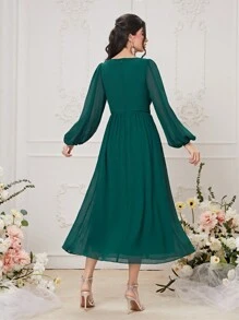 Modelyn Surplice Neck Lantern Sleeve Twist Front Dress - Dark Green - View 3
