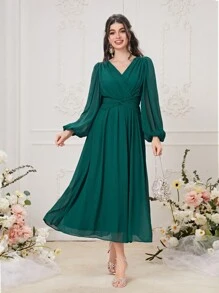 Modelyn Surplice Neck Lantern Sleeve Twist Front Dress - Dark Green - View 4