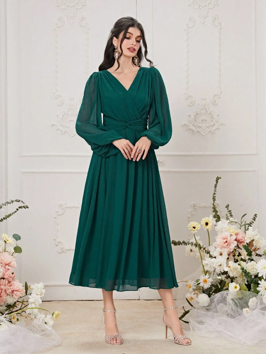 Modelyn Surplice Neck Lantern Sleeve Twist Front Dress - Dark Green - View 1
