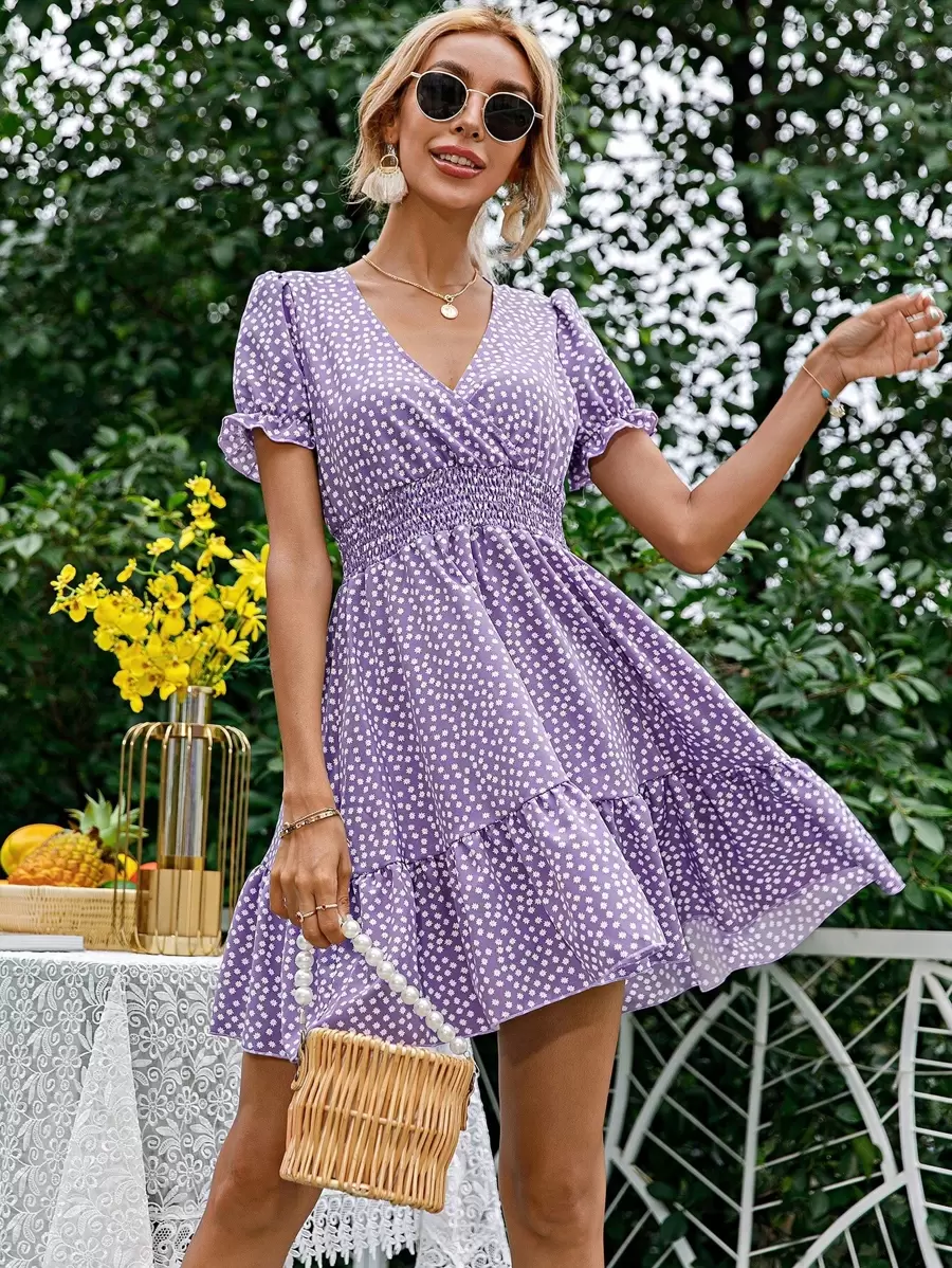 SHEIN VCAY Đầm Viên lá sen Trọn gói Dải chun Hoa Boho - Màu Lilac Tím - Xem 1