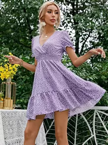 SHEIN VCAY Đầm Viên lá sen Trọn gói Dải chun Hoa Boho - Màu Lilac Tím - Xem 3