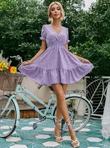 SHEIN VCAY Đầm Viên lá sen Trọn gói Dải chun Hoa Boho - Màu Lilac Tím - Xem 4