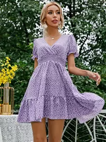 SHEIN VCAY Đầm Viên lá sen Trọn gói Dải chun Hoa Boho - Màu Lilac Tím - Xem 5