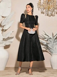 Modelyn Vestido línea A unicolor de manga farol - Negro - Ver 4