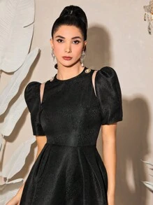 Modelyn Vestido línea A unicolor de manga farol - Negro - Ver 5