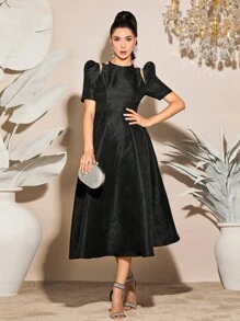 Modelyn Vestido línea A unicolor de manga farol - Negro - Ver 3